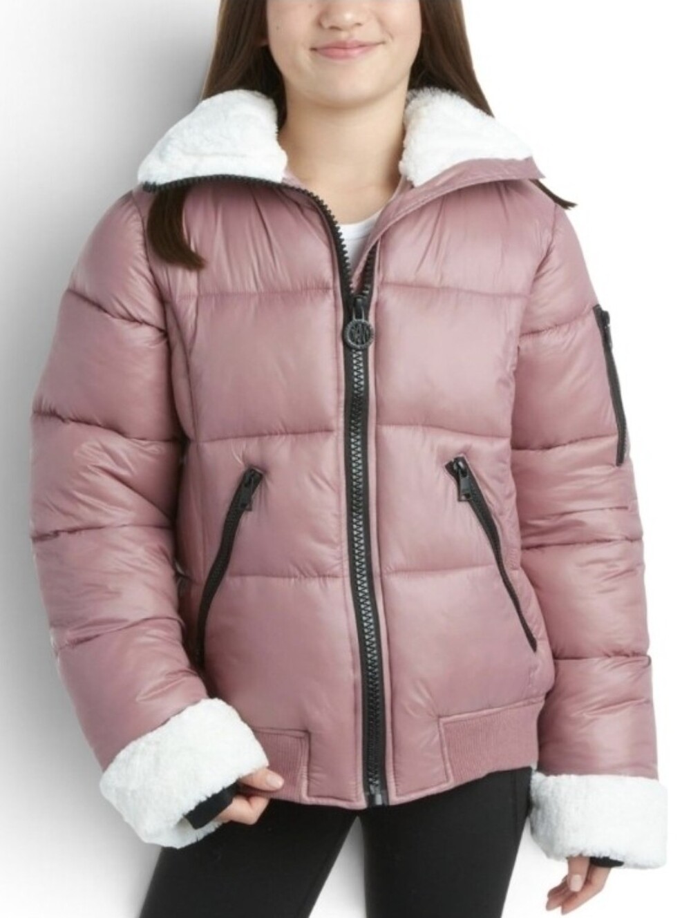DKNY Girls‎ Dusty Rose Sherpa Puffer Jacket Faux Fur Winter Coat Size Small 7/8